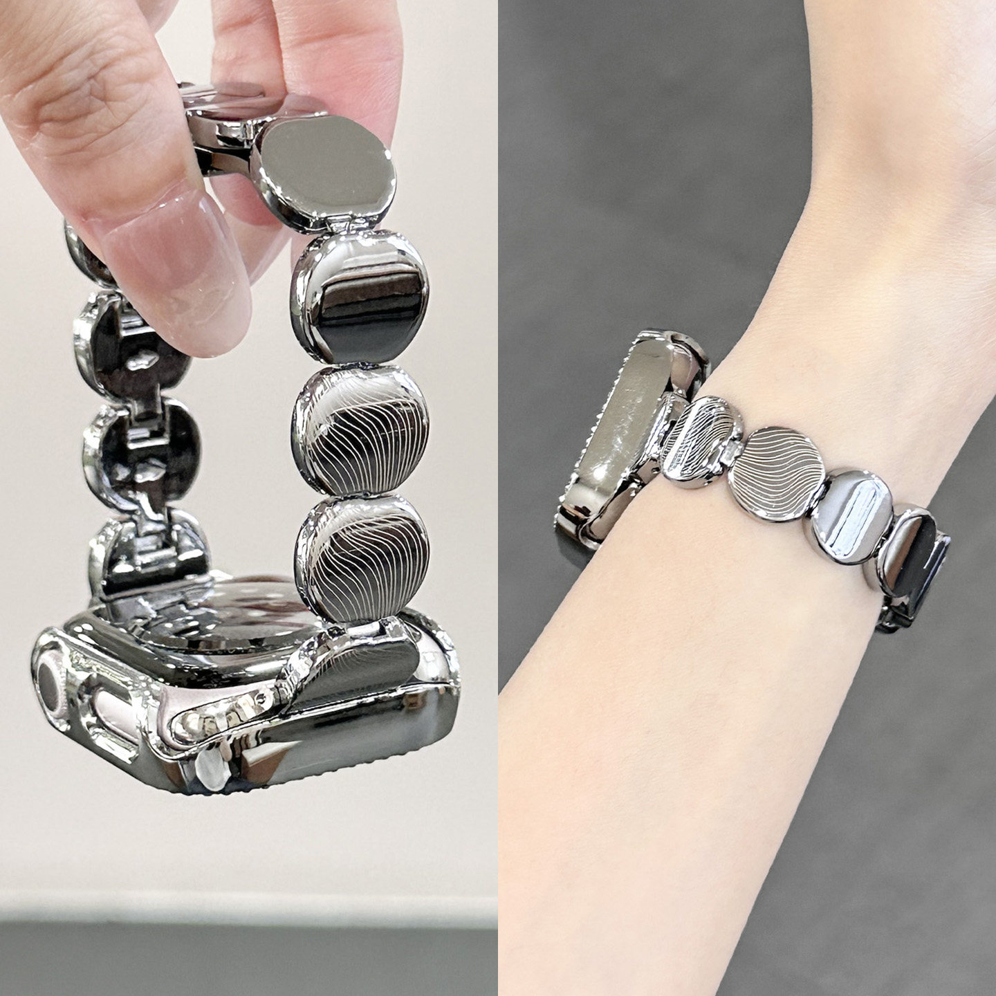 适用苹果手表表带s10金属iwatch S11女款新品手链智能s9镜面水波纹腕表applewatch高级感JY夏天男S8小香风SE