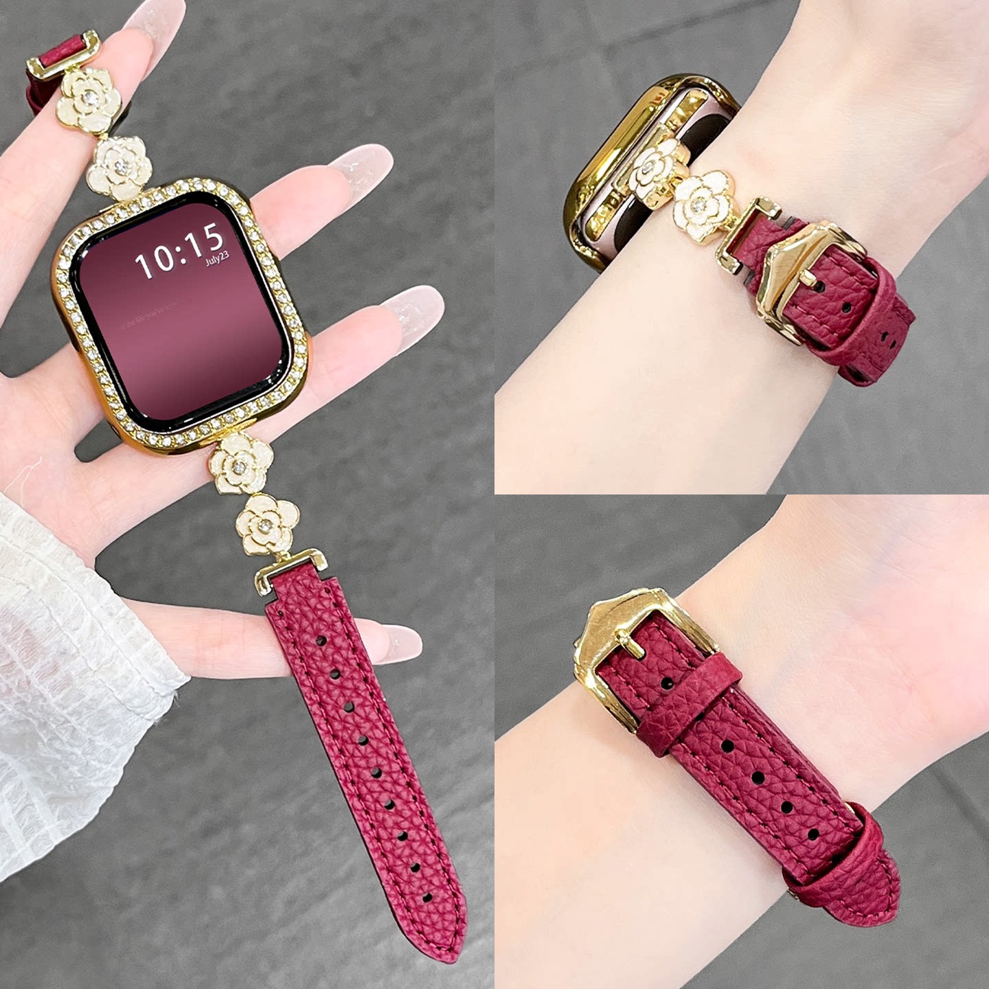 适用iwatch苹果手表表带s11金属拼皮质S10女款新品荔枝纹手链智能s9山茶花腕表带applewatch高级感JY夏天男S8