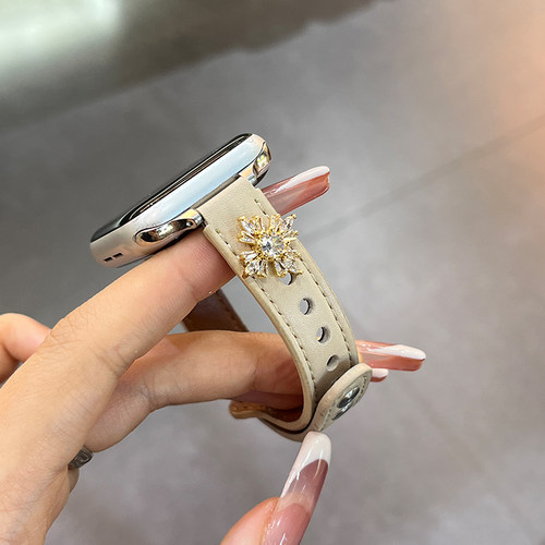 适用苹果手表s12表带s10新款真皮iwatchs11花朵旋转扣皮质腕带se女士AppleWatch9智能s876男女uitra高级感JY