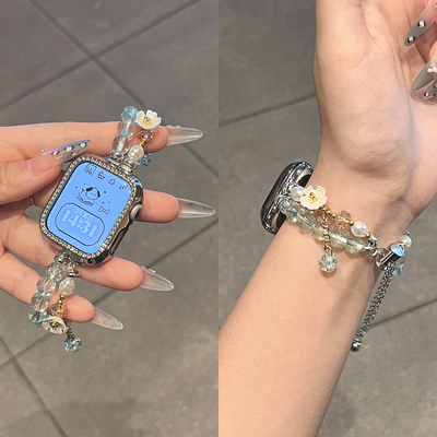 适用小米手环9Pro表带新品手表串珠水晶花朵女款8Pro/7Pro腕带智能红米watch6/5夏JY高级创意设计女生小香风