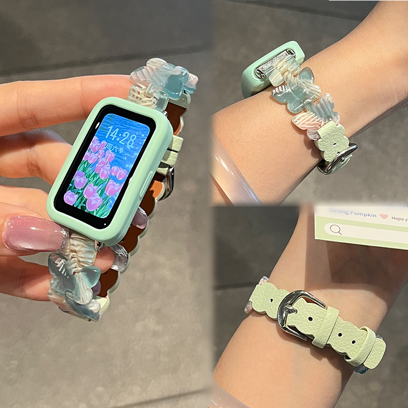 适用于华为手环10表带新款band9/8高级感创意蝴蝶树脂波浪纹时尚真皮质手环腕带荣耀手表10女士夏日透气情侣9