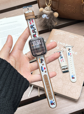 适用于AppleWatchS11表带苹果手表s10兔子iwatch彩印s9皮质ultra高级感se3保护套s8运动智能腕带JY冬季男女款