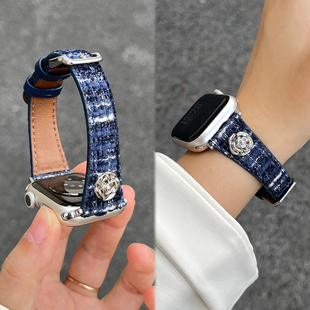 适用苹果手表表带s11新品皮质iwatch s10小香风山茶花AppleWatchS9男女款智能腕表s8高级感JY秋冬季保护壳套