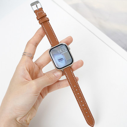 适用苹果手表表带新款s10真皮质s9平纹iwatch8手表带s7细款6高级applewatch运动s6小众代秋冬watch女款替换带