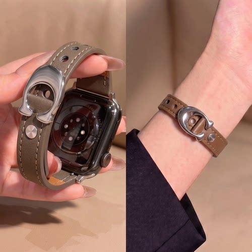 适用iWatchs12表带苹果手表表带s11女款皮质系列双钉C字ApplewatchS10/9/8代Ultra智能SE3腕表JY秋气质设计感