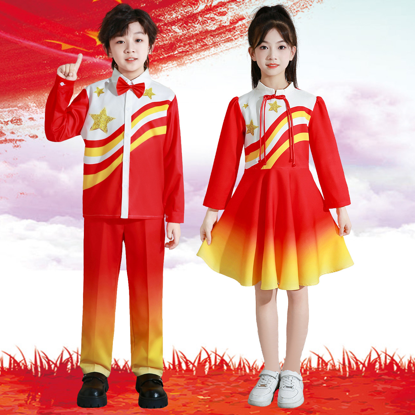 元旦儿童大合唱演出服装红歌爱国比赛诗歌朗诵中小学生表演服红色