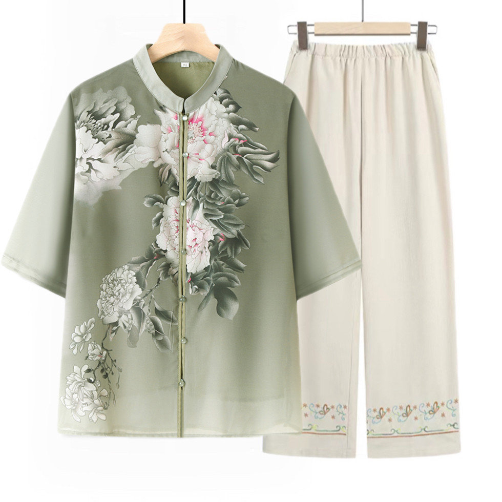 妈妈夏装短袖衬衫套装中老年人女奶奶上衣70岁80老太太衣服