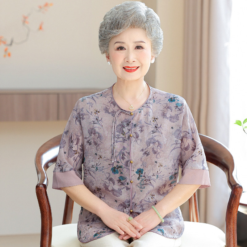 奶奶夏装碎花短袖衬衫
