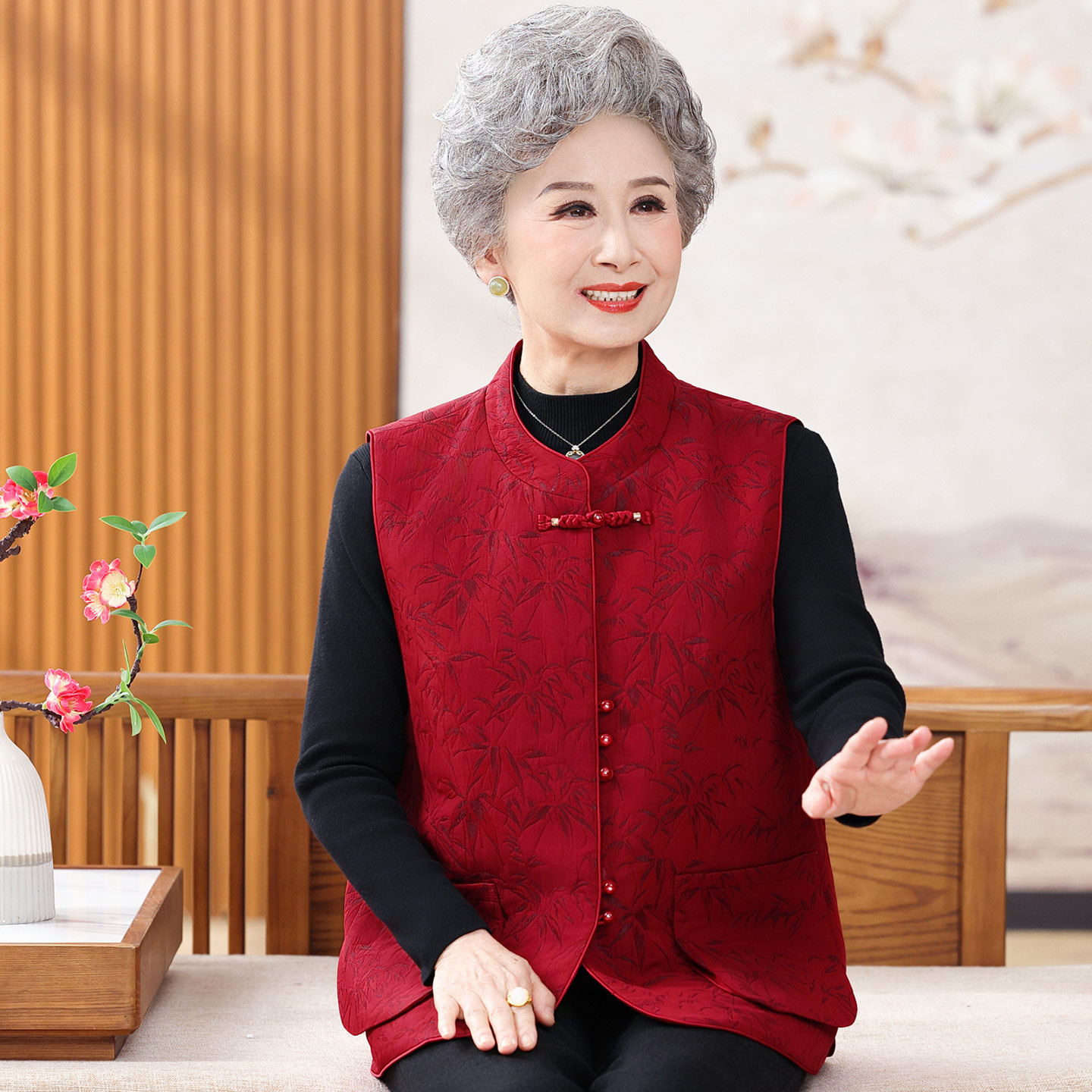 恒源祥奶奶春装新中式马甲外套