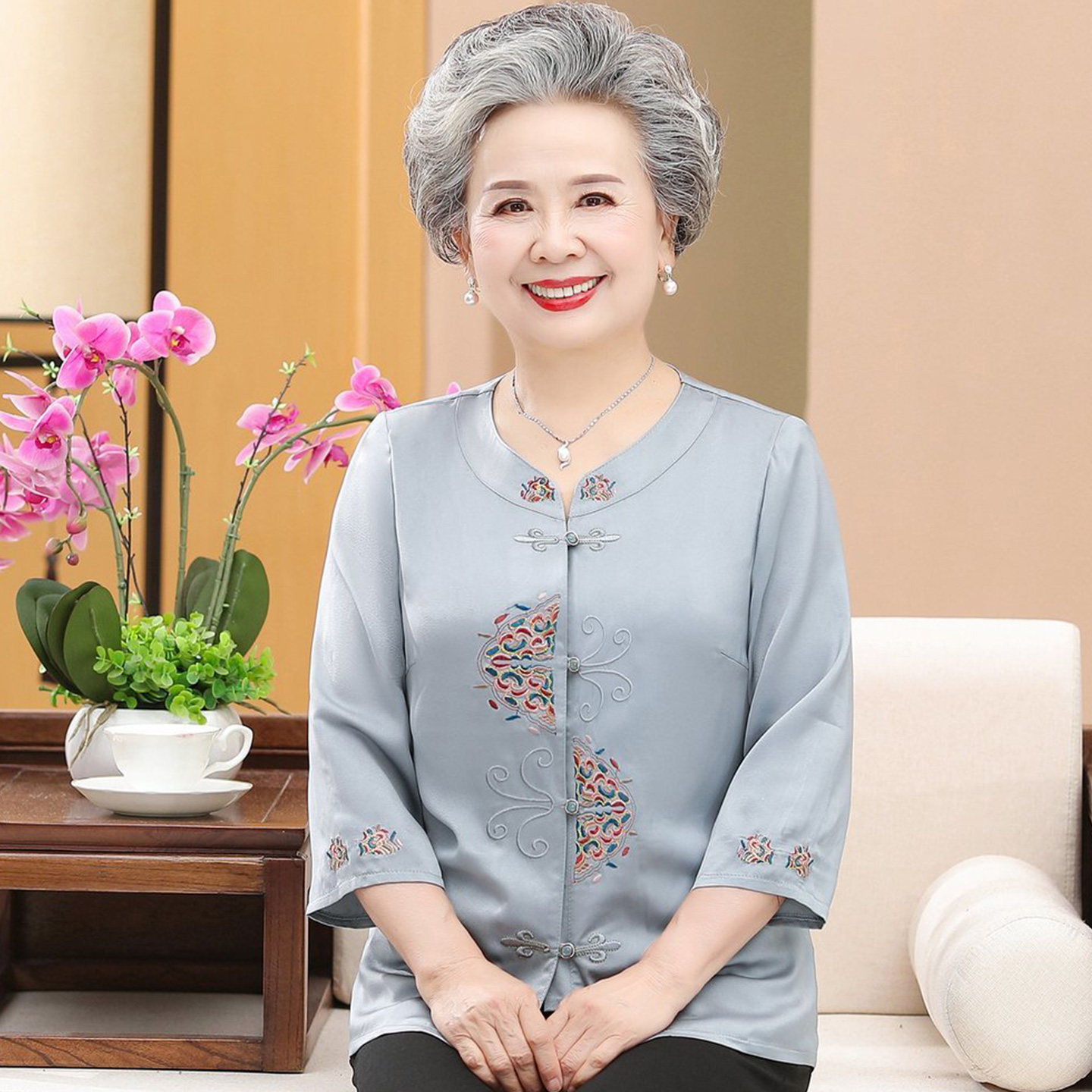 老年人夏装女奶奶真丝衬衫