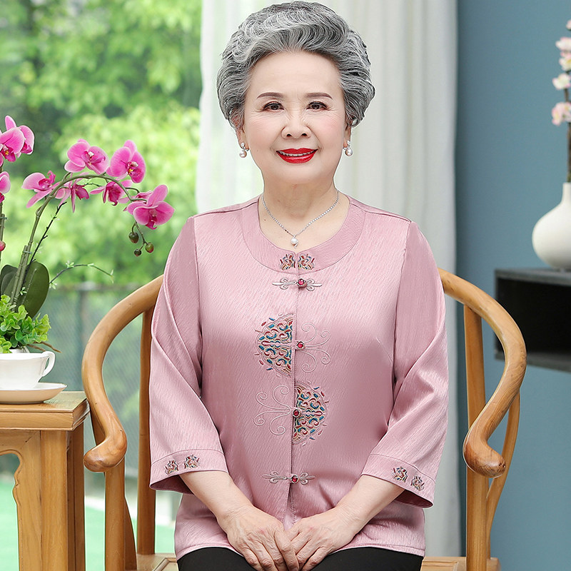 老年人夏装女奶奶真丝衬衫