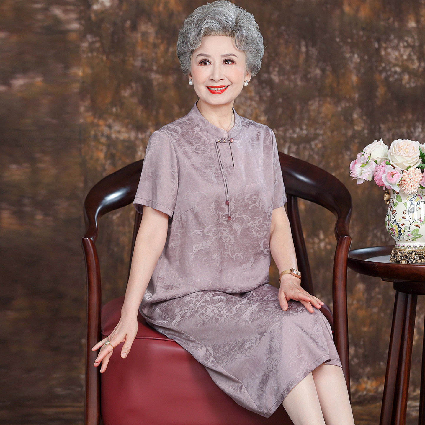 妈妈夏装国风真丝旗袍连衣裙