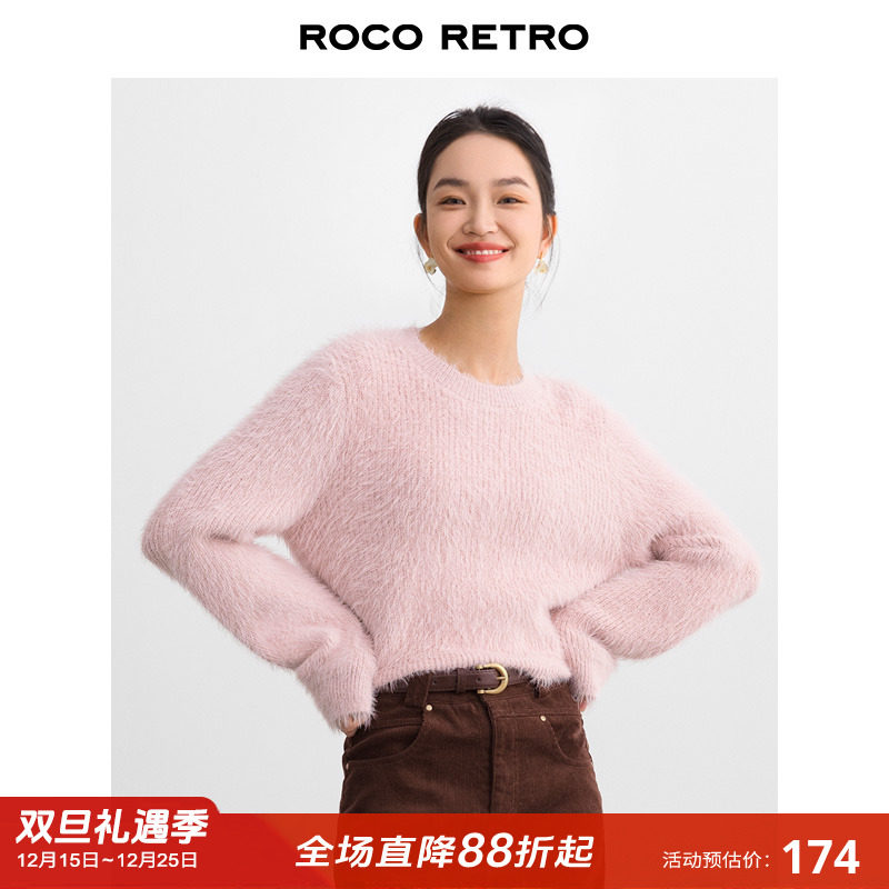 ROCO秋季新款时髦短款长毛绒仿貂绒圆领加厚套头毛衣港风加厚上衣