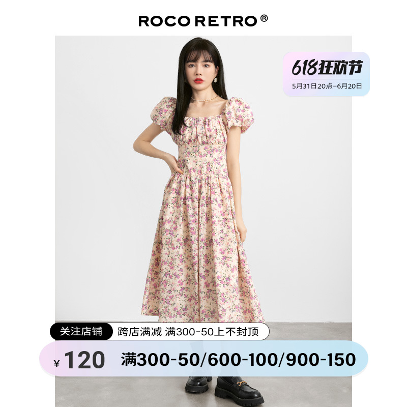 ROCO法式纯棉方领小碎花连衣裙女