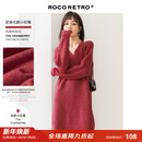 毛衣裙 树莓红色针织裙V领宽松慵懒连衣裙打底中长款 清仓特价