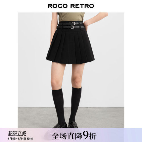 美式校园压褶半身裙黑色高腰短裙
