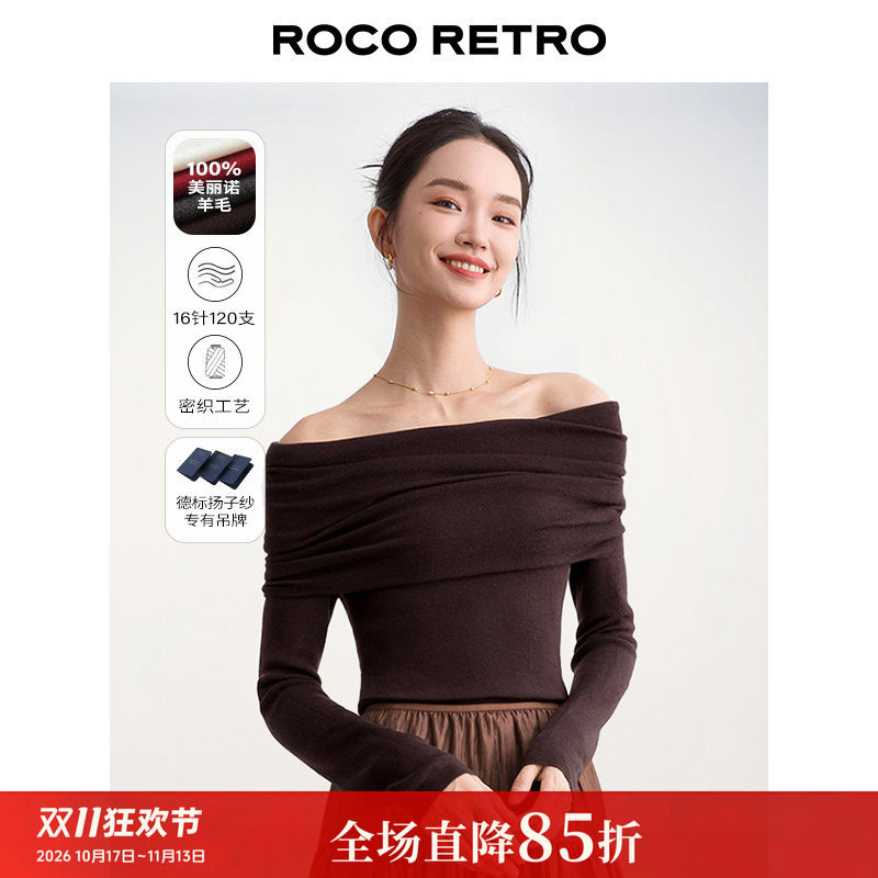 ROCO秋季新款 16针120支精纺纯羊毛扬子纱一字领长袖露肩针织衫