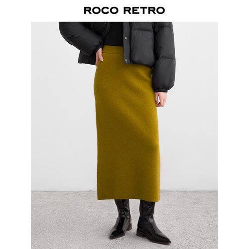 ROCO温暖加厚 羊毛浣熊绒高腰直筒长裙温柔风复古针织半身裙