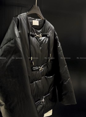 「蓬蓬胧光」sennos zhou中式大廓形羽绒外套黑色皮质加绒外套