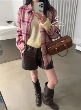 【FAE】复古粉色格子轻羽绒外套 双面穿加厚翻领衬衫减龄保暖上衣