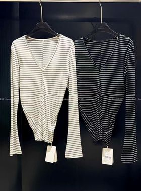 【FAE】修身显瘦V领条纹针织打底衫 莱赛尔羊毛混纺弹力T恤纸片人