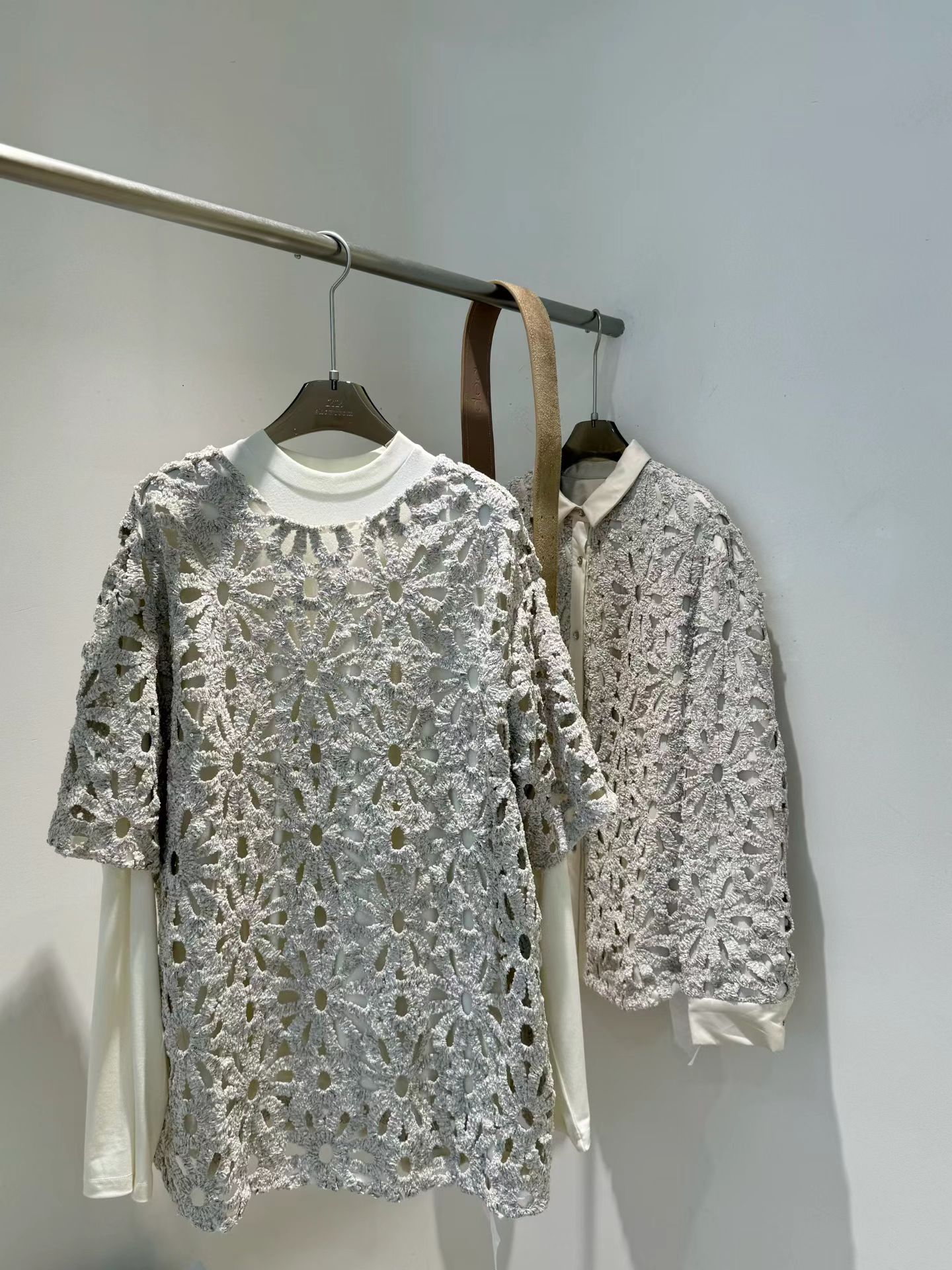 苔绒sennos zhou亮片镂空花片两件式T恤秋冬新款设计感上衣