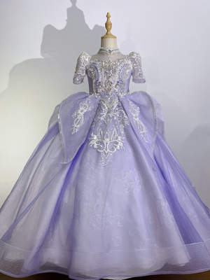 出租闪亮重工紫色女童礼服公主蓬蓬裙生日钢琴演奏走秀演出服花童