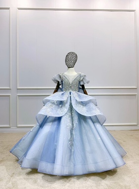 出租奢华高端拖尾蓝色女童礼服森系仙境传说模特走秀主持唱歌山海