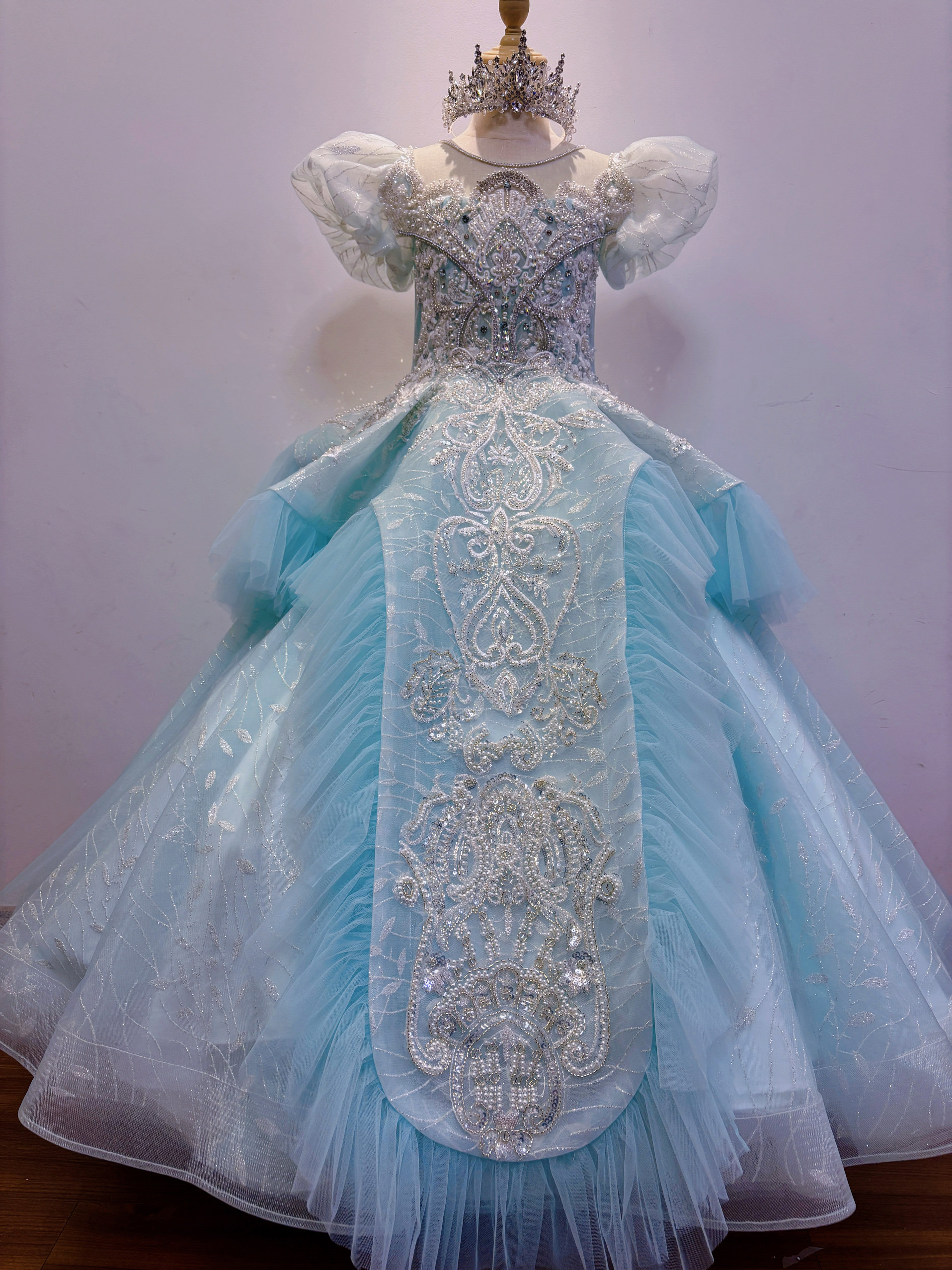 出租高端重工湖水蓝色齐地女童礼服走秀主持钢琴演出生日花童演讲