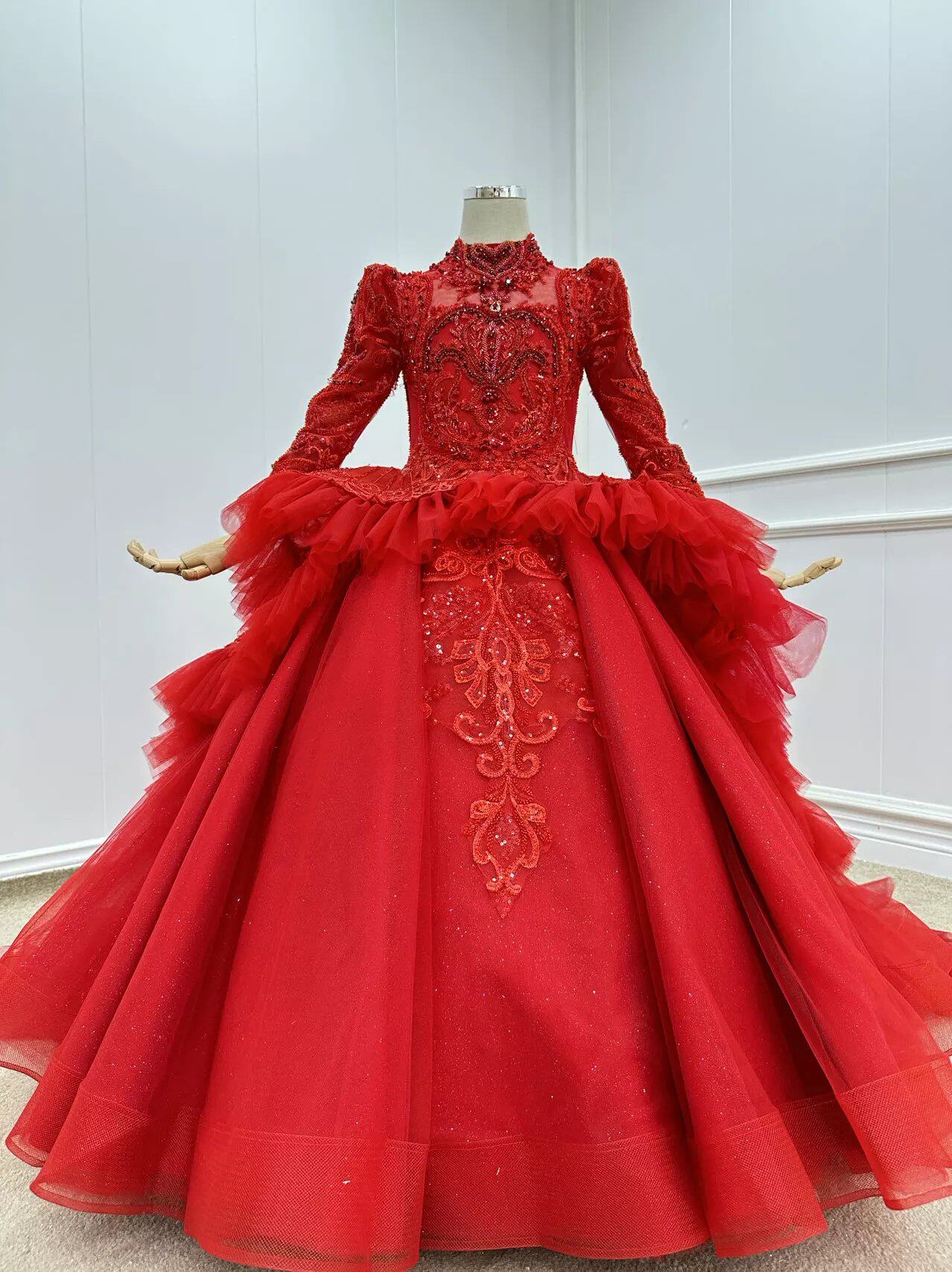 出租大红色长袖拖尾高端重工女童礼服生日主持人走秀钢琴演出服