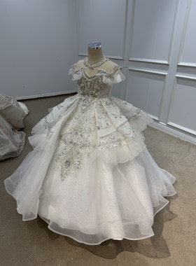 出租高端米白色拖尾女童礼服公主裙生日主持钢琴演出走秀重工款