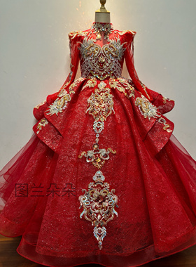 出租红色国潮走秀霸气女童礼服主持模特走秀演出服唱歌生日钢琴