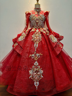 出租红色国潮走秀霸气女童礼服主持模特走秀演出服唱歌生日钢琴