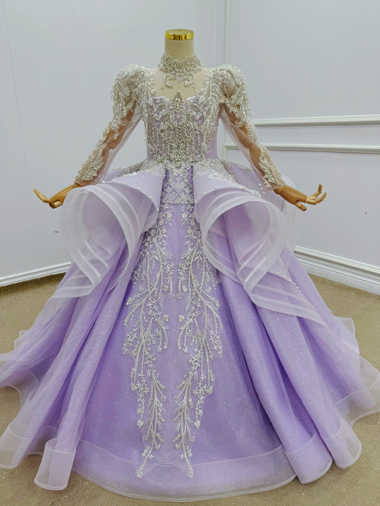 出租高端重工紫色长袖女童礼服走秀主持钢琴演出生日花童女童礼服