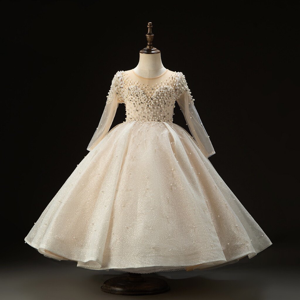 出租长袖重工米白色女童礼服公主蓬蓬裙模特走秀唱歌主持生日钢琴