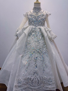 出租重工长袖 拖尾米白色女童礼服生日走秀公主裙主持钢琴演出服