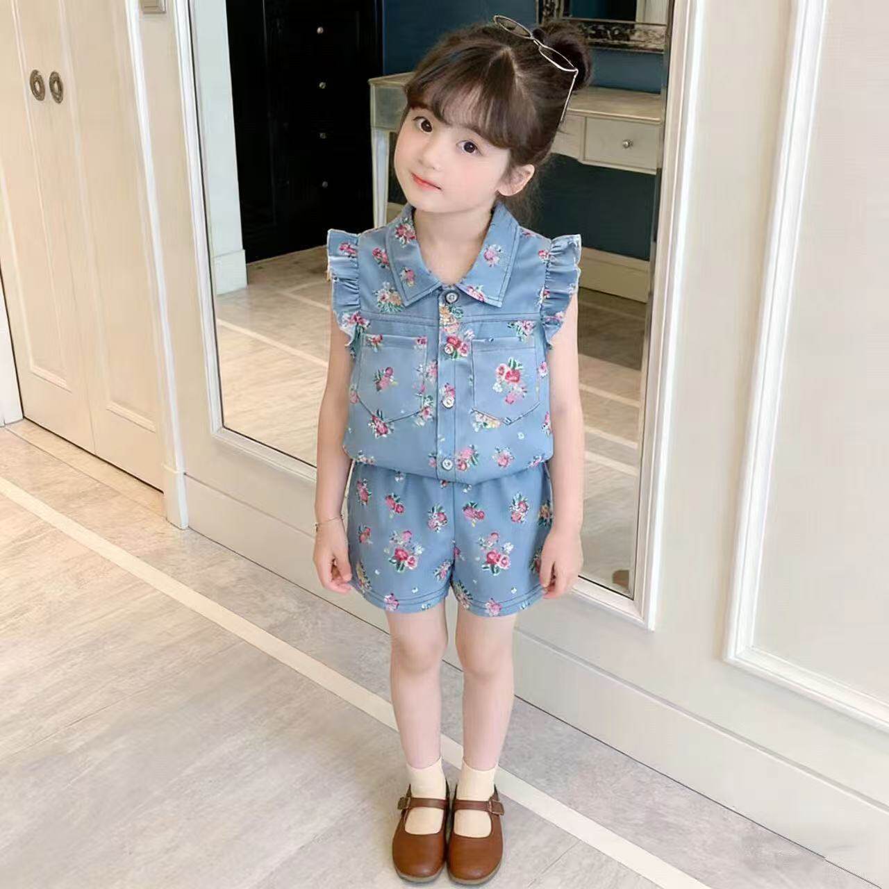 女童夏装套装新款夏季儿童洋气韩版童装时髦宝宝仿牛仔两件套碎花
