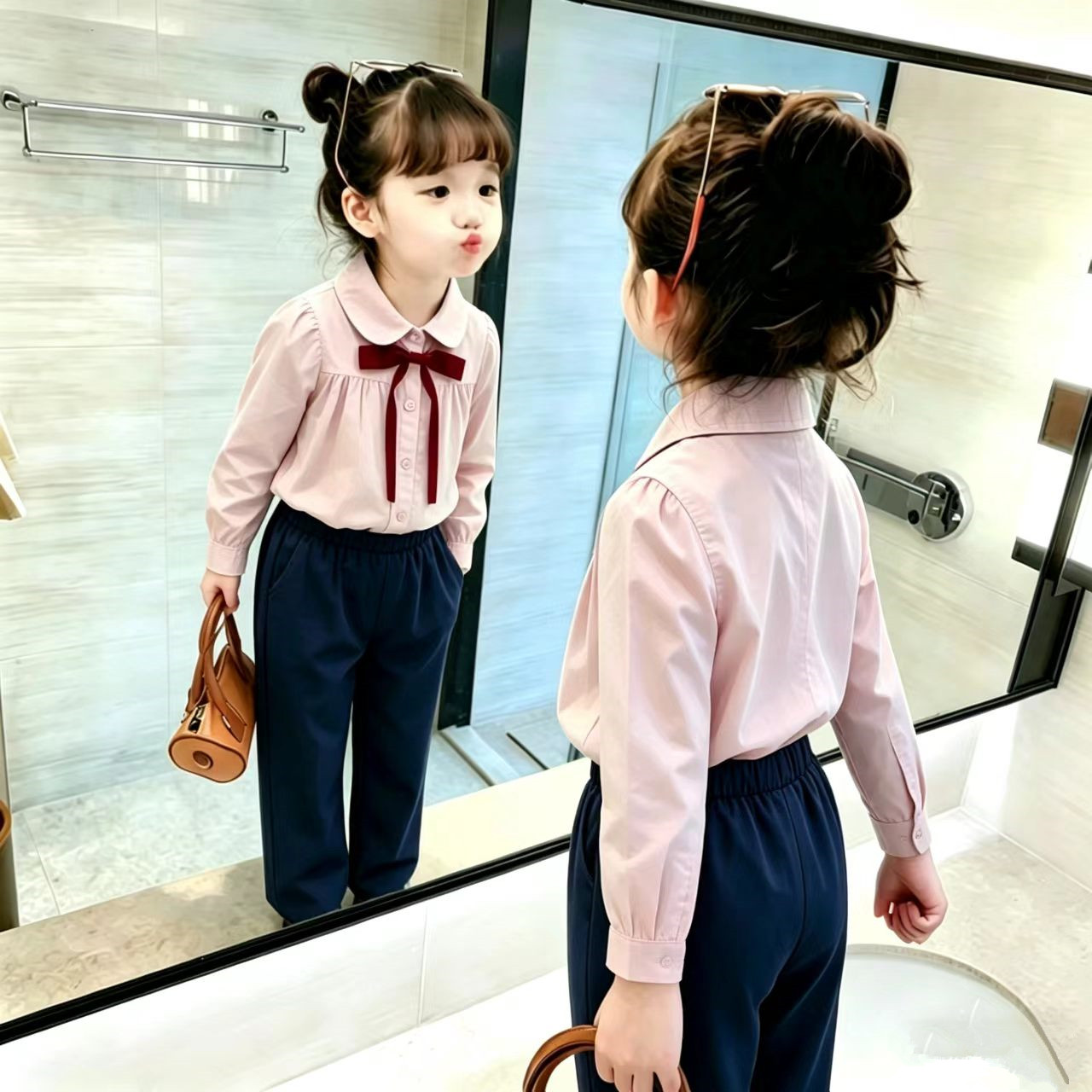 女童春秋学院风蝴蝶结衬衫套装