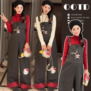 2026年气质高品质新款针织打底卡通孕妇加绒时尚背带裤孕妇套装