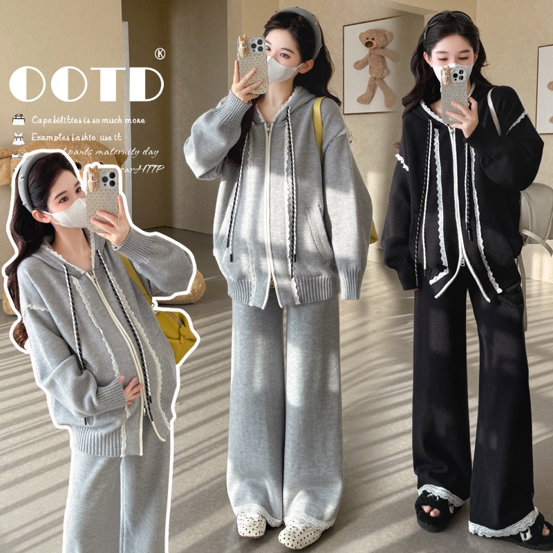 实拍气质2025秋冬新品孕妇设计感拼接蕾丝拉链连帽阔腿裤韩版套装
