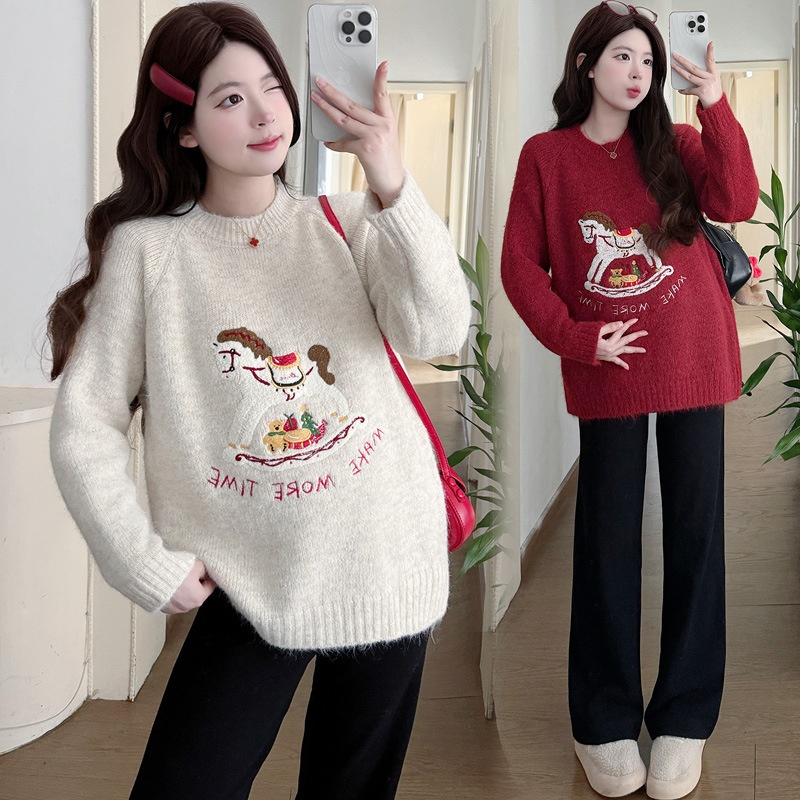 孕期穿搭2026秋冬新品卡通刺绣小马圣诞红毛衣抽绳阔腿裤孕妇套装