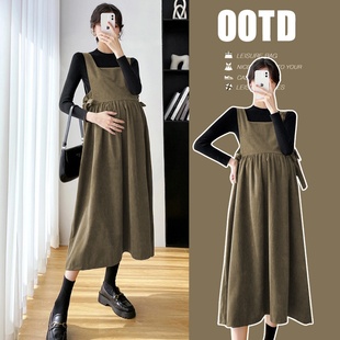 内搭背心裙两件套 娃娃领纯色衬衫 孕妇装 2026秋冬灯芯绒连衣裙法式