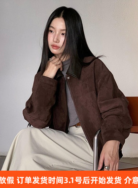 【】美式复古皮领拼接仿麂皮外套2女025秋季新款机车服n426c