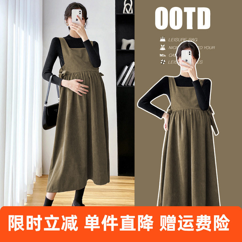 孕妇装2025秋冬新款背带裙两件套装韩版孕期宽松灯芯绒连衣裙
