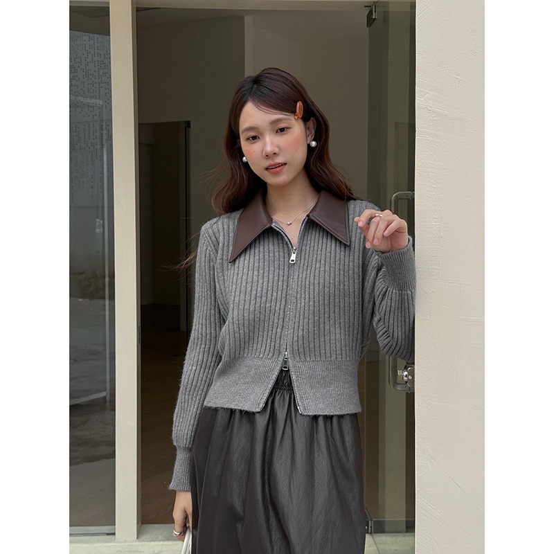 【燕麦巧巧】撞色polo皮领双拉链针织开衫女装冬季上衣j786c