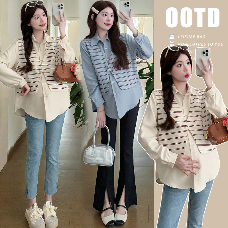 孕妇装秋装拼接条纹长袖翻领衬衫时尚假两件怀孕衬衣秋季休闲上衣