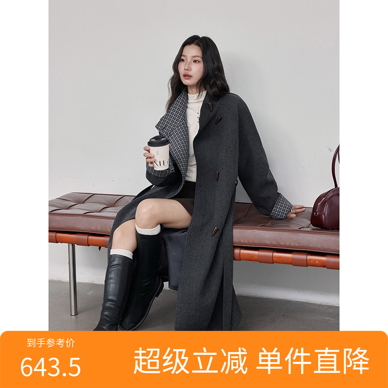 【悉尼往事格纹拼接毛呢】中长款毛呢外套冬季新款大衣w693c