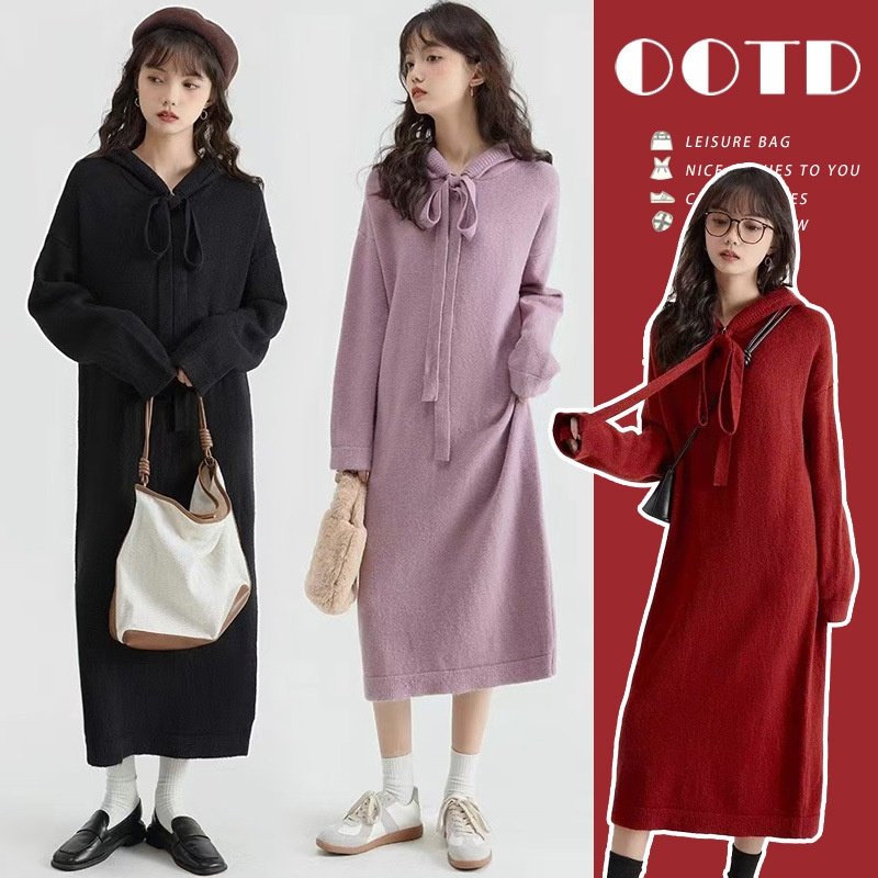 韩版宽松连衣裙女秋冬季加厚连帽针织衫洋气毛群打底衫毛衣裙外套