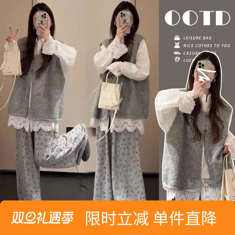 孕妇一整套女2025年新款韩系穿搭蕾丝花边衬衫马甲阔腿裤三件套