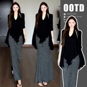 黑白撞色条纹针织弹力显瘦半身裙套装 孕妇早秋开衫 吊带遮肚背心